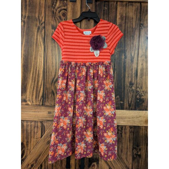 Bonnie Jean Big girls size 16 red floral striped boho short sleeve dress GUC - Picture 1 of 9